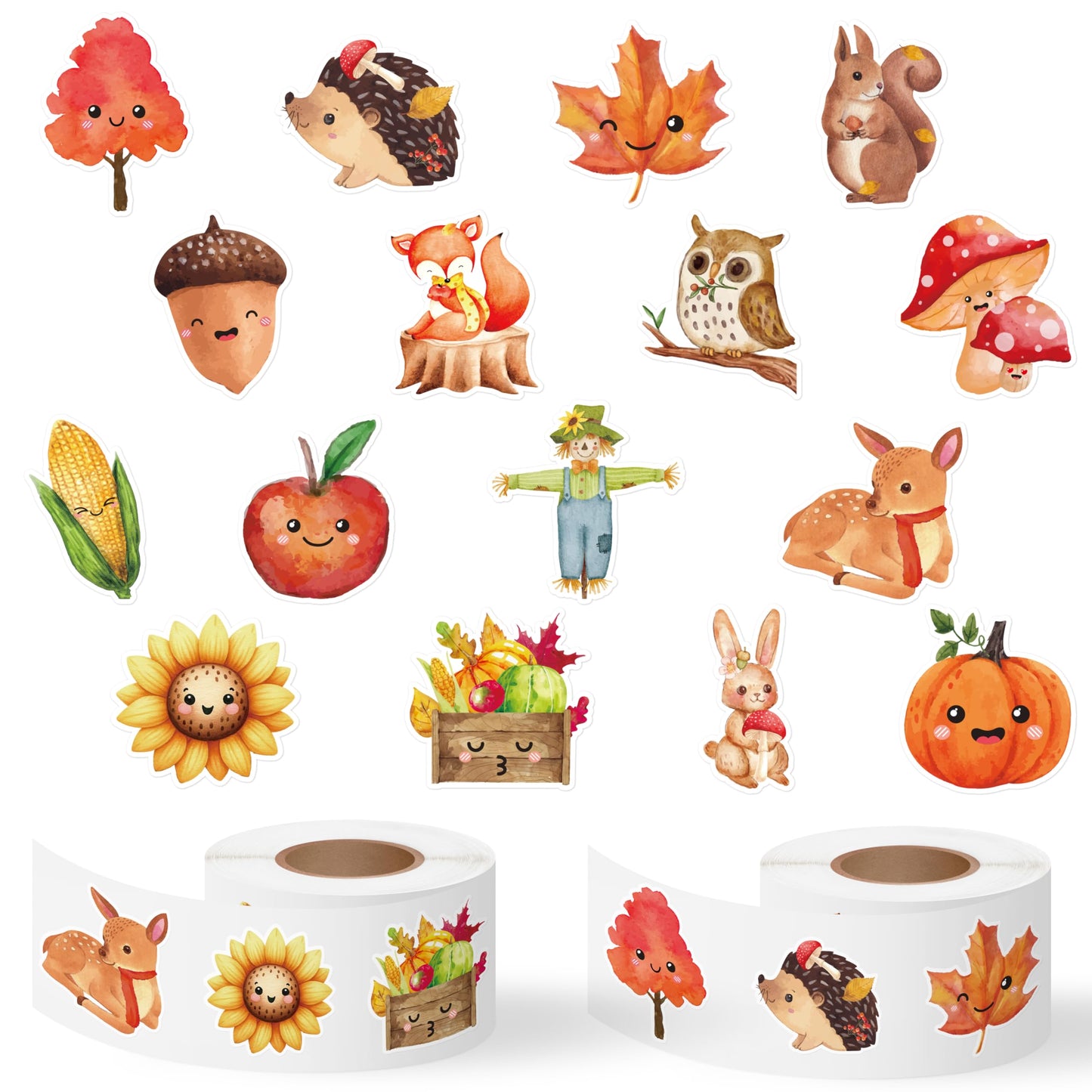 Haooryx Fall Watercolor Sticker Rolls - 1000pcs Fall-Theme Watercolor Pumpkin Maple Leaf Animal Stickers Self-Adhesive Waterproof Vinyl Thanksgiving Harvest Party Favor Page Activity Pad Card Making