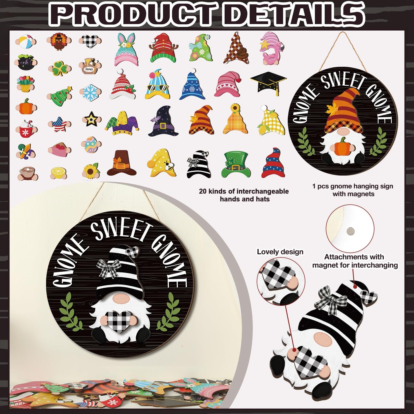 Wenqik 41 Pcs Interchangeable Gnome Signs Holiday Wooden Seasonal Gnome Decor 4th of July Independence Day Decor Detachable Magnet Hat and Hand Welcome Sign for Home Decoration(Classical,Black)