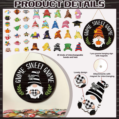 Wenqik 41 Pcs Interchangeable Gnome Signs Holiday Wooden Seasonal Gnome Decor 4th of July Independence Day Decor Detachable Magnet Hat and Hand Welcome Sign for Home Decoration(Classical,Black)