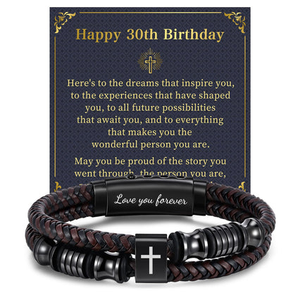 30th Birthday Cross Bracelets Gifts for Men - Adjustable Double-Row Braided Leather Bracelet Faith Religious Catholic Christian Easter Jewelry Gift Happy Birthday Bracelet for Papa Grandpa Brother