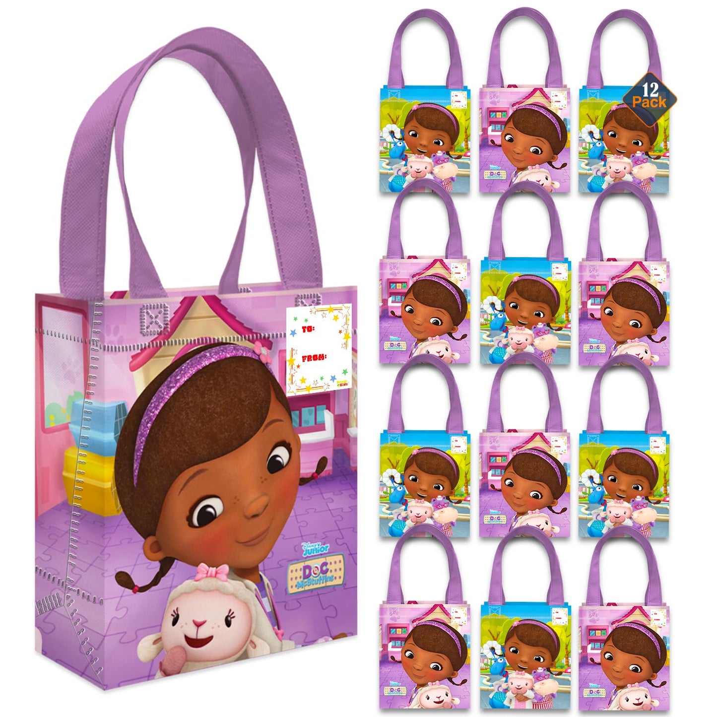 Doc McStuffins Party Favor Bags Set – 12 Pack 8" Disney Goodie Bags for Kids Bulk Reusable Mini Totes | Disney Doc McStuffins Birthday Party Supplies