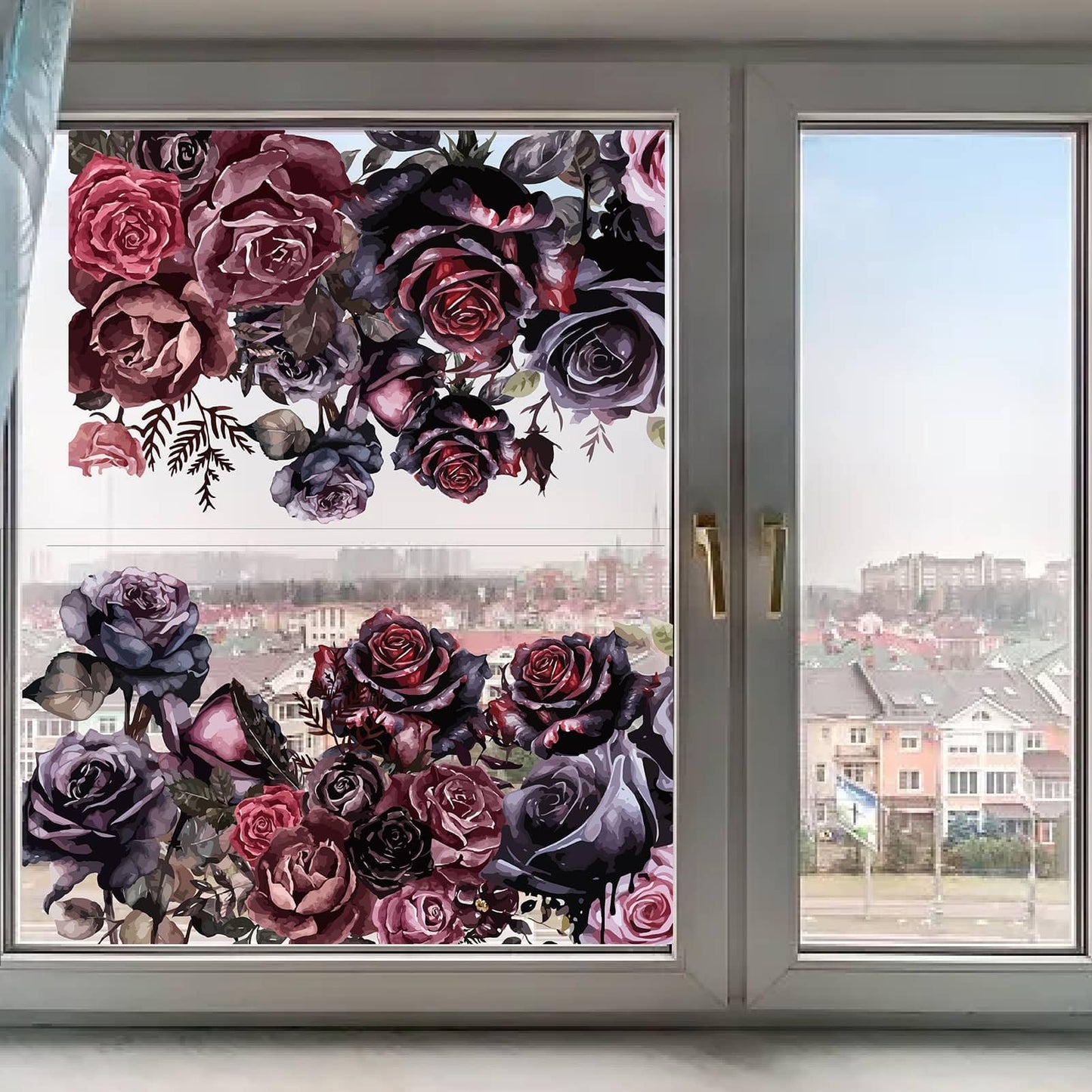 GORGECRAFT 118x39cm Large Rose Window Decals Dark Roses Flower Window Clings Halloween Decorations Self Adhesive Deep Stained Stickers Anti-Collision Floral Leaf Decals for Glass Sliding Door