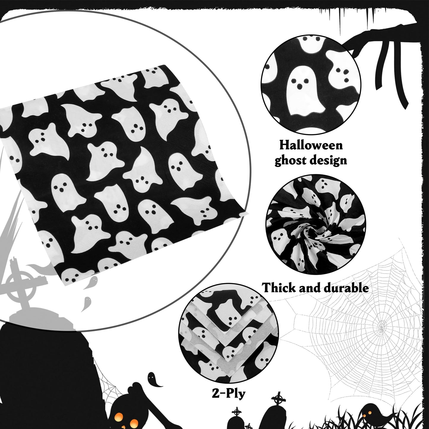 100Pcs Halloween Ghost Paper Napkins Black White Spooky Boo Disposable Luncheon Napkin Ghosts Party Hand Towel for Birthday Baby Shower Party Supplies Table Decoration