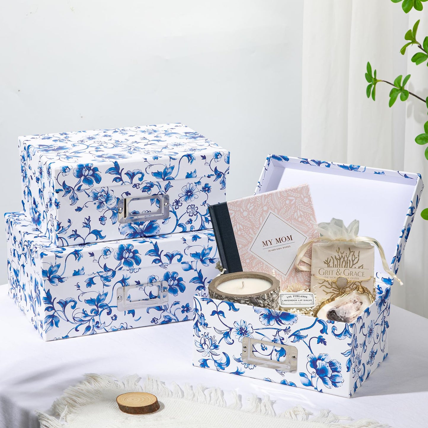 Briful Blue and White Porcelain Storage Boxes with Lids, Set of 4 – Chinoiserie Nested Card Photo Storage Box Organizer, Decorative Paperboard Box for Closet, Office, Gifts,Cosmetic,Books
