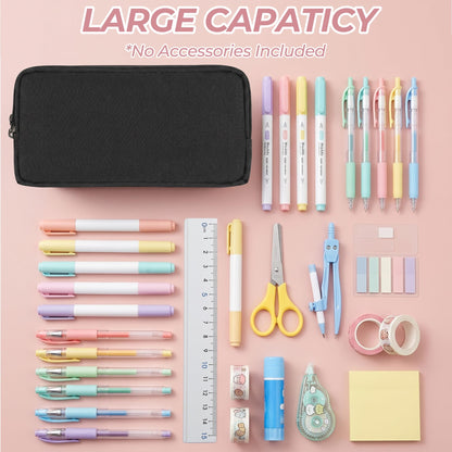 Della Gao Large Pencil Case, Big Capacity Pencil Pouch with 2 Compartments, Office Pencil Bag with Zipper, Big Pen Case for Adults (01-Black)