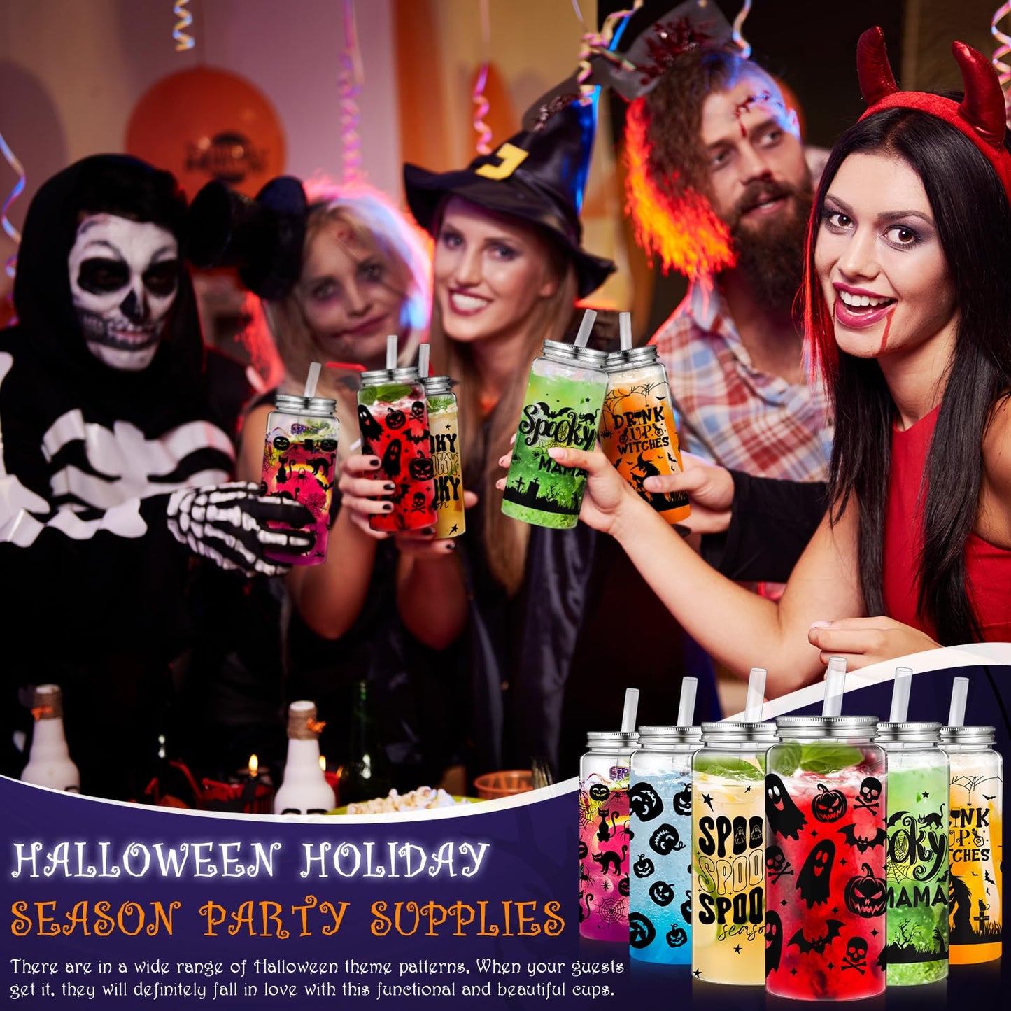 Pickmesh 48 Pcs Halloween Cups 13.5 oz Ghost Spooky Plastic Cups with Lids and Straws Bulk for Halloween Party Supplies Pumpkin Skinny Drinking Tumblers Mugs Gifts for Women