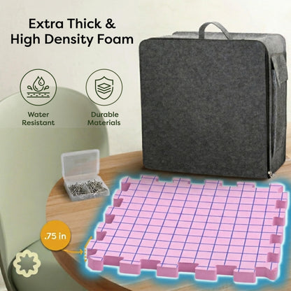 Unordinary Granny Crochet Blocking Board Set – 9 Extra Thick Interlocking Mats with Grid, 150 T-Pins, Felt Storage Bag and Cotton Pouch (Blush Pink)