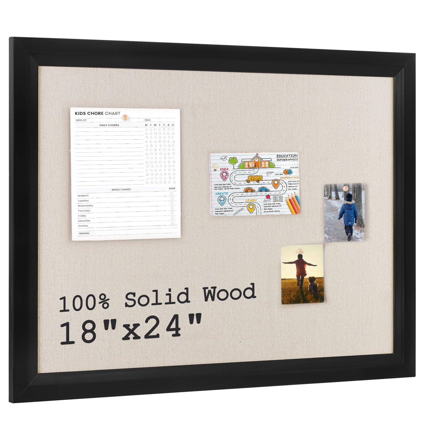 Bulletin Board Cork Board with Linen, 100% Wood Framed 18" x 24" Bulletin Board Decorations, Pin Boards for Walls, Wall Mounted Fabric Picture Board with 10 Pushpins for School, Home & Office, Black