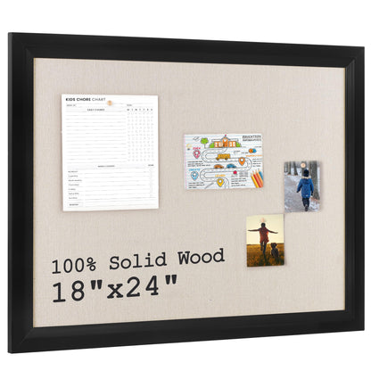 Bulletin Board Cork Board with Linen, 100% Wood Framed 18" x 24" Bulletin Board Decorations, Pin Boards for Walls, Wall Mounted Fabric Picture Board with 10 Pushpins for School, Home & Office, Black