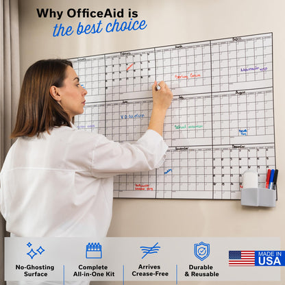 Yearly Large Dry Erase Calendar for Wall 24x36, for Year Family 12 Month, Undated Big Erasable Office, Rolled Whiteboard White Board, Classroom Annual Calendar Planner Dry Erase 36x24 Wall Reusable