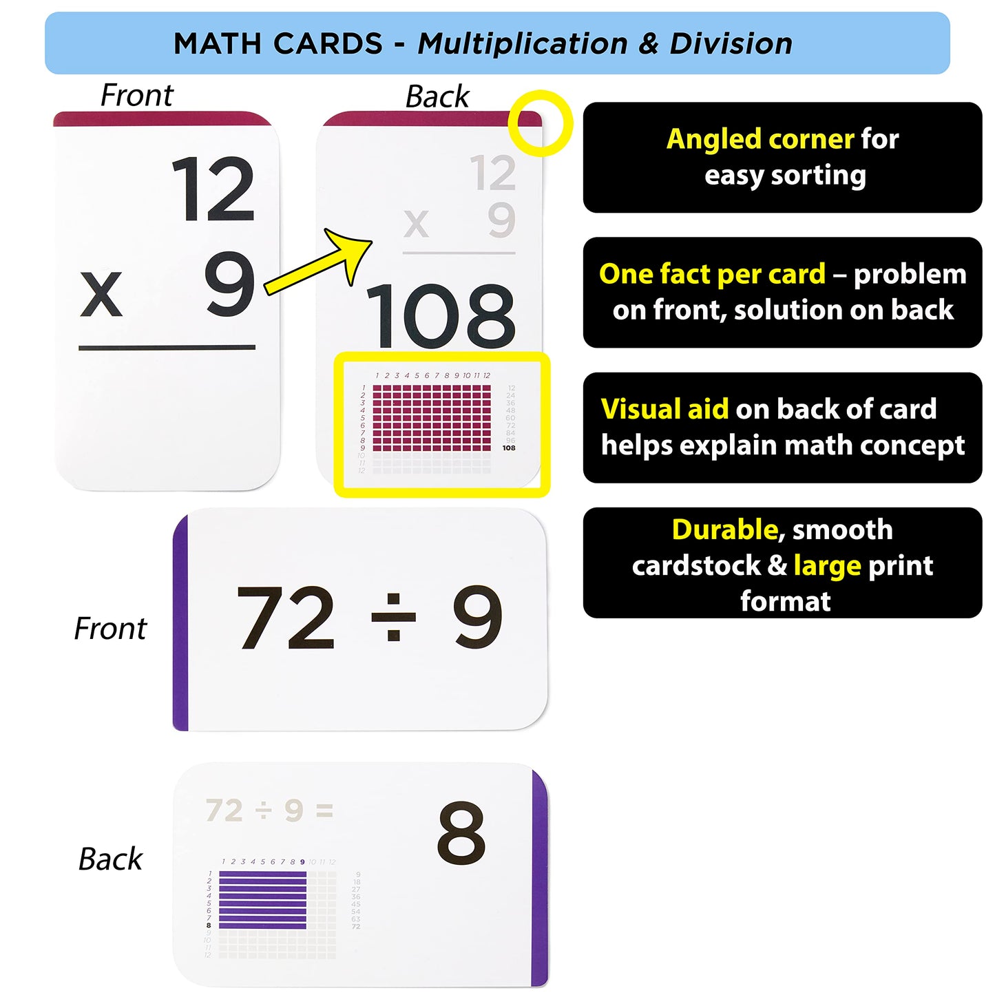 Award-Winning Math Flash Cards – 711 Multiplication & Division Facts (0–12) – Jumbo Cards (3.1” x 5.2”), Visual Aids, 2 Dice, Games, Charts & Mastery Divider Tabs – Grades 3–6 Classroom & Homeschool