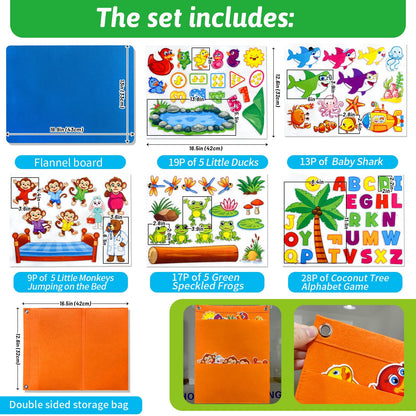 5 Set Felt Board Stories Pieces for Toddlers，1 Flannel Board With 5 Little Ducks,5 Little Monkeys Jumping on The Bed,5 Green Speckled Frogs,Baby Shark,26 letters for Preschool Learning Activities