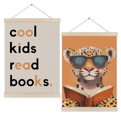 Koesus Trendy Leopard Read Book Wall Art Poster Hanger Frame 12x16 Inch Set of 2, Cool Kids Read Books Canvas Pictures Prints Framed Wall Decor for Library Reading Nook Corner Kids Room Classroom