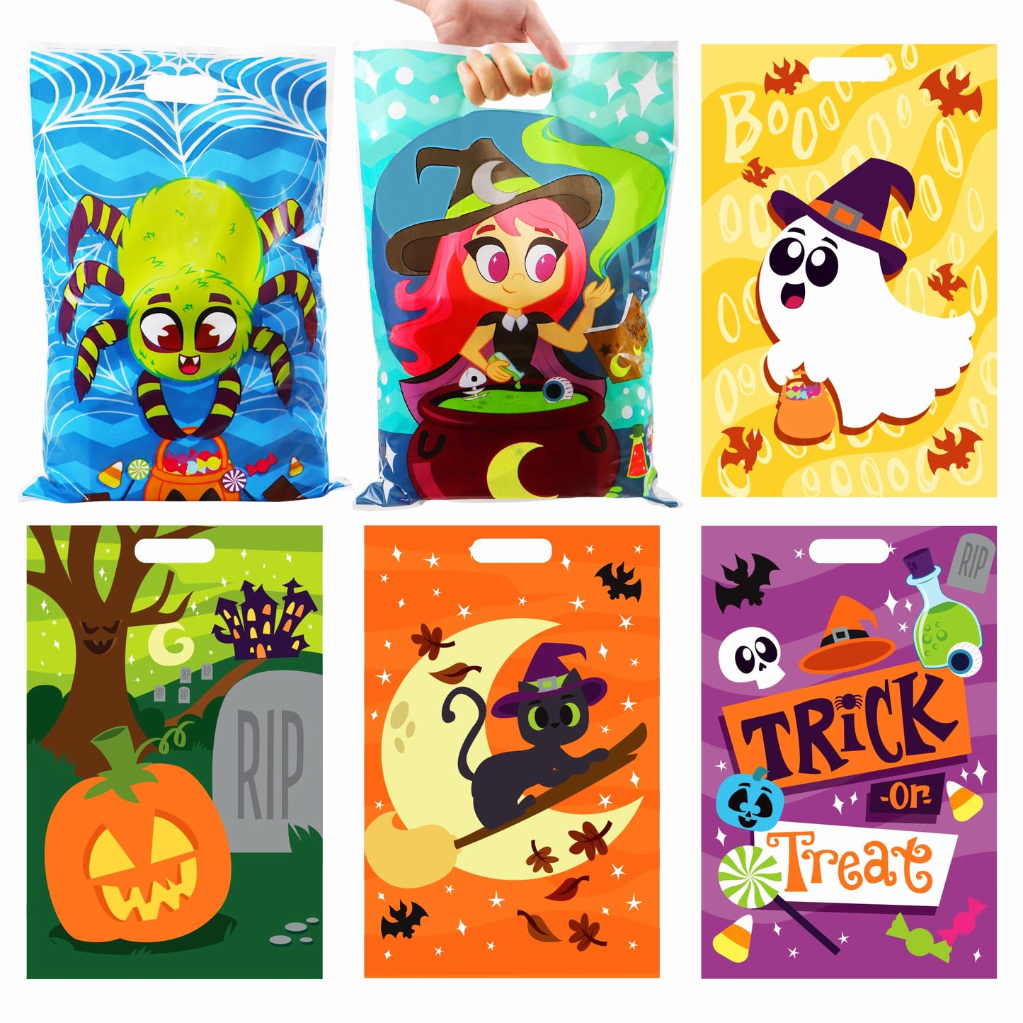 JOYIN 72 Pcs Halloween Goodie Bags, Plastic Candy Bags in 6 Designs for Kids Snacks Party Favors, Trick or Treating Bag for Halloween Party Supplies, Snacks Stuffers Prizes
