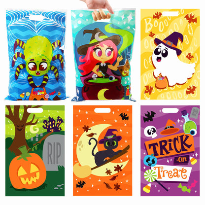 JOYIN 72 Pcs Halloween Goodie Bags, Plastic Candy Bags in 6 Designs for Kids Snacks Party Favors, Trick or Treating Bag for Halloween Party Supplies, Snacks Stuffers Prizes