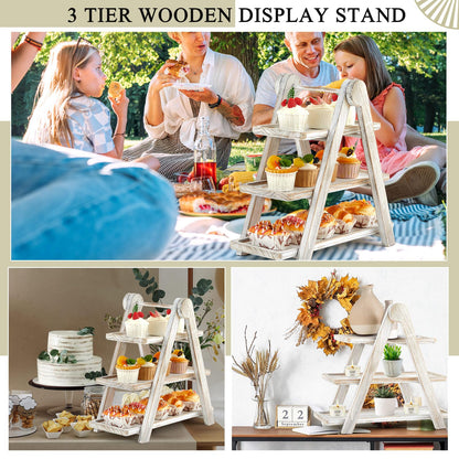 Beeveer Cupcake Stand Wooden 3 Tier Serving Tray Tiered Tray Stand Serving Trays Platters Tiered Wooden Three Tiered Ladder Cake Stand for Party Wedding Christmas Fruit Dessert Display Tray Decorative