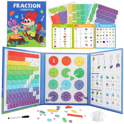Magnetic Fraction Playbook & Fraction Manipulatives Set, Montessori Magnetic Fraction Book for Kids Grades K-3, Math Manipulatives with Fraction Tiles and Circles, Educational Fraction Games & Puzzle