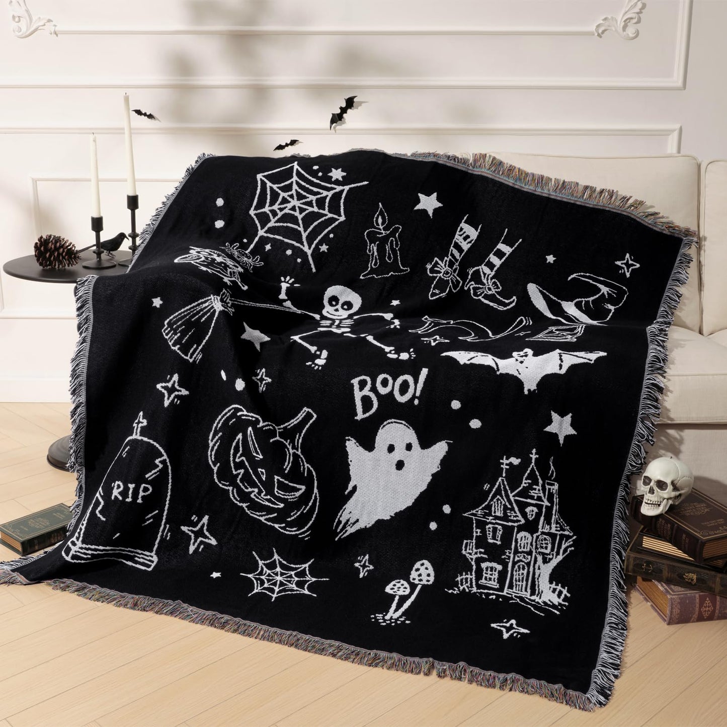 Phantoscope Happy Halloween Blanket, Soft Jacquard Knitted Throw Blanket with Tassel, Warm Cozy Blanket with Skeleton Bat Ghost for Couch Living Room Bedroom, Black, 50 x 60 inches