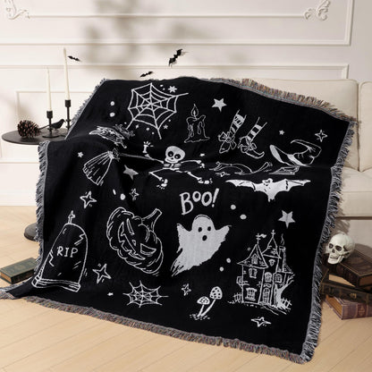 Phantoscope Happy Halloween Blanket, Soft Jacquard Knitted Throw Blanket with Tassel, Warm Cozy Blanket with Skeleton Bat Ghost for Couch Living Room Bedroom, Black, 50 x 60 inches