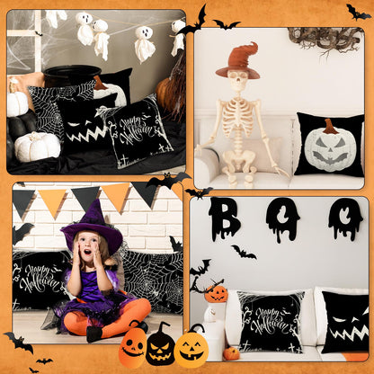 Whaline Happy Halloween Pillow Cover 20 x 20 Inch Pumpkin Spider Web Pillow Case Black Linen Throw Cushion Cover Cushion Cases for Home Office Halloween Sofa Bed Decoration, 4Pcs