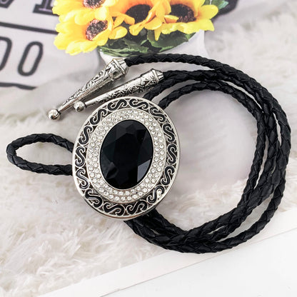 SELOVO Western Statement Big Grey Rhinestone Native American Large Bolo Tie for Men Genuine Leather