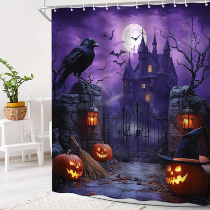 UPUMKSK Purple Haunted Castle Halloween Shower Curtain