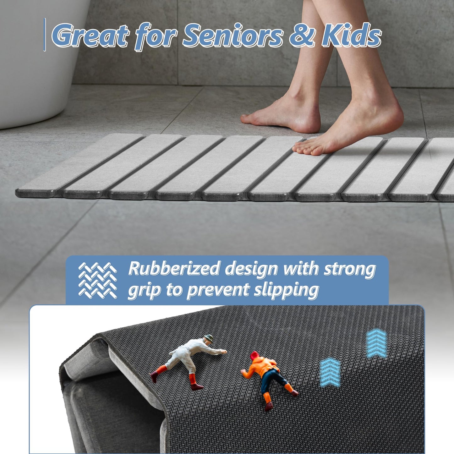 AWW Foldable Stone Bath Mat, Super Absorbent Diatomite, Non-Slip Quick Drying Mat, Compact, Light Grey, 23.6x15.5 Inches
