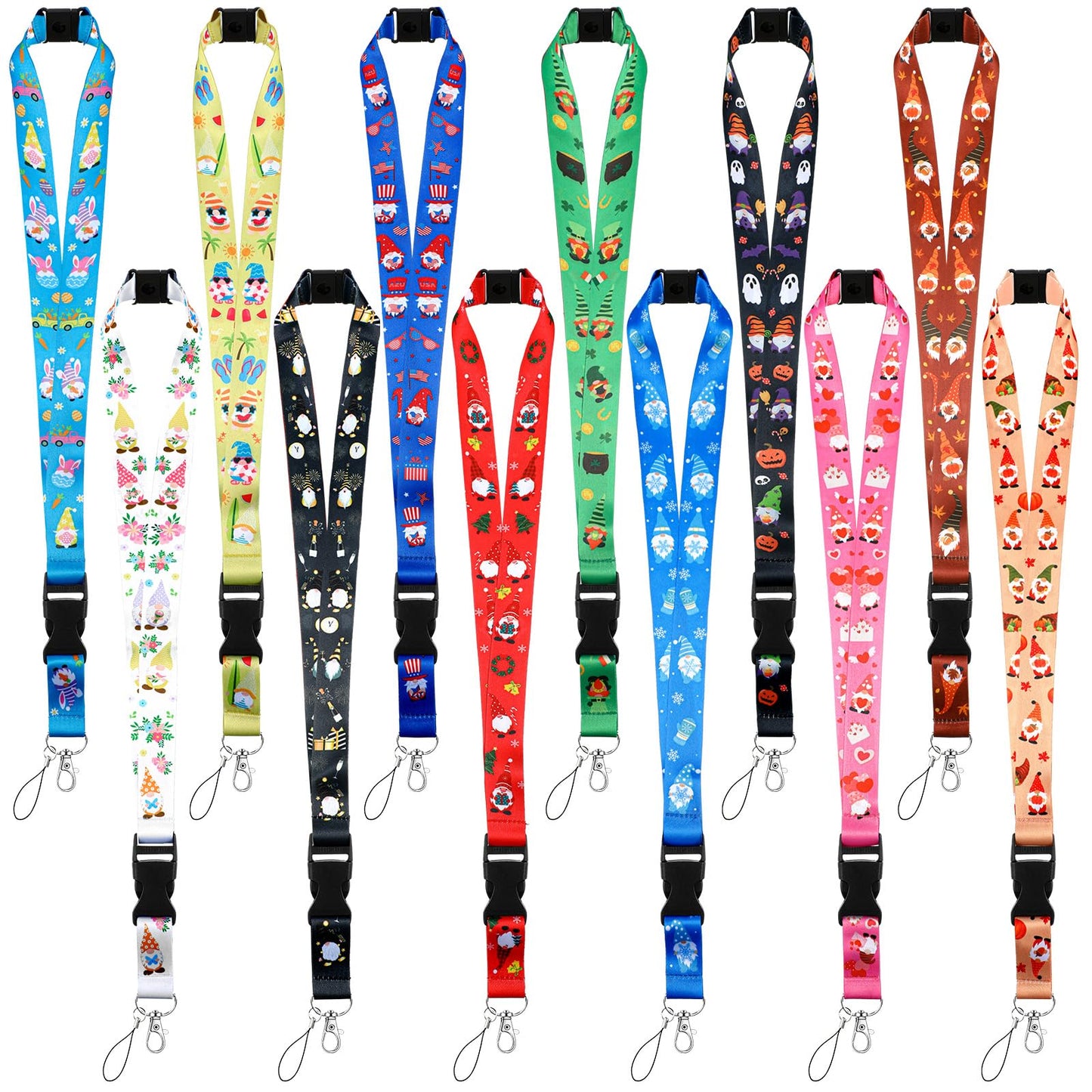 Windyun 12 Pcs Seasonal Gnome Lanyards for Teacher ID Badges with Detachable Buckle Back to School Lanyards Keychain Holders for Holiday Women Office Summer American Flag Gifts