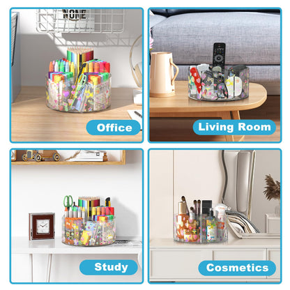 Acrylic Pen Holder with 2 Adhesive DIY Stickers, Desk Organizer Marker Holder with Cute Sticker, 360 Degree Office Supply Organizer Clear Pencil Holder Kid Art Supply Storage Organizer 6 Compartments