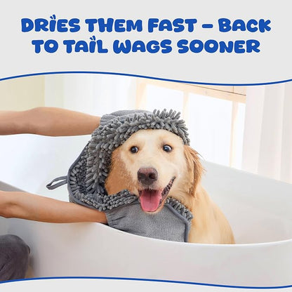 Microfiber Dog Bath Towel, Grey | Super Absorbent, Quick Dry, Hand Pockets, Machine Washable