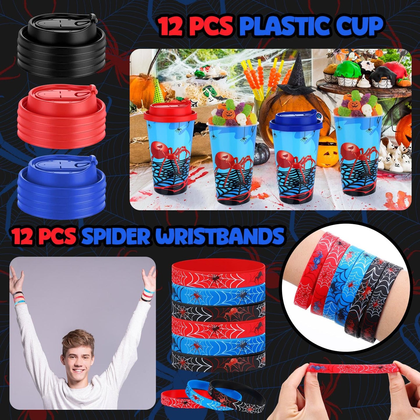 Potchen 48 Pcs Spider Party Favors Birthday Party Supplies Includes Drawstring Bag Backpack Plastic Goodie Cups with Lids Bracelets for Summer Fillers Stuffers Birthday Favors Rewards Gifts