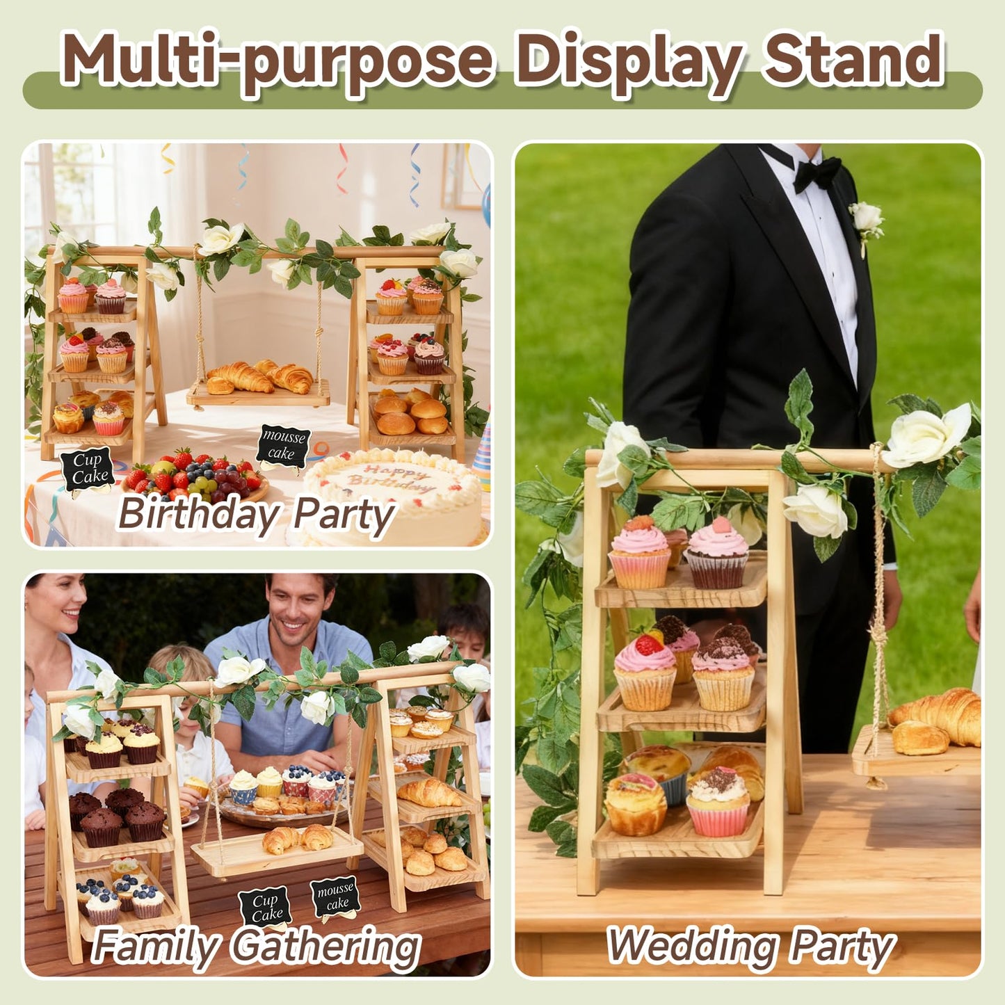 Erlsig Wooden 3 Tier Cupcake Stand with Swing, Rustic Pine Wood Dessert Display Stand with Removable Trays, Foldable A-Frame Ladder Rack for Cake Fruit Snack, Perfect for Wedding Party Birthday