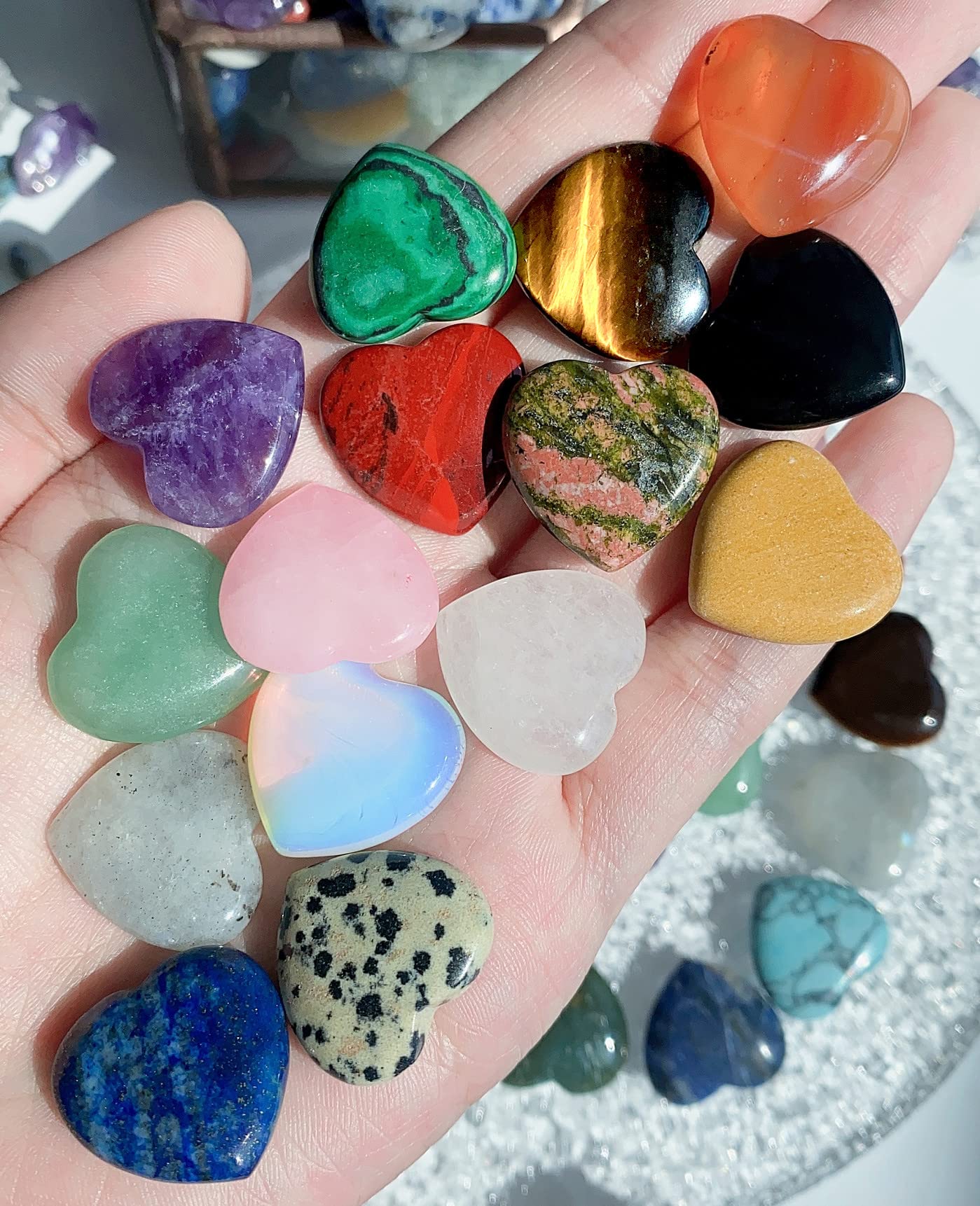 15 PCS Heart Crystals Healing Natural Pocket Stones Polished Love Shaped Palm Gemstones Rose Quartz Amethyst Assorted Set Reiki Energy Balancing Meditation Mother's Day Gift 0.8 Inch