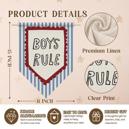 RUKUPA Boy Nursery Wall Art Decor, Kids Playroom Hanging Pennant Flag, Boys Rule Blue Striped Wall Art Poster Hanger for Kids Boy Nursery Toddler Room Bedroom Playroom Decor, 11x15 Inch