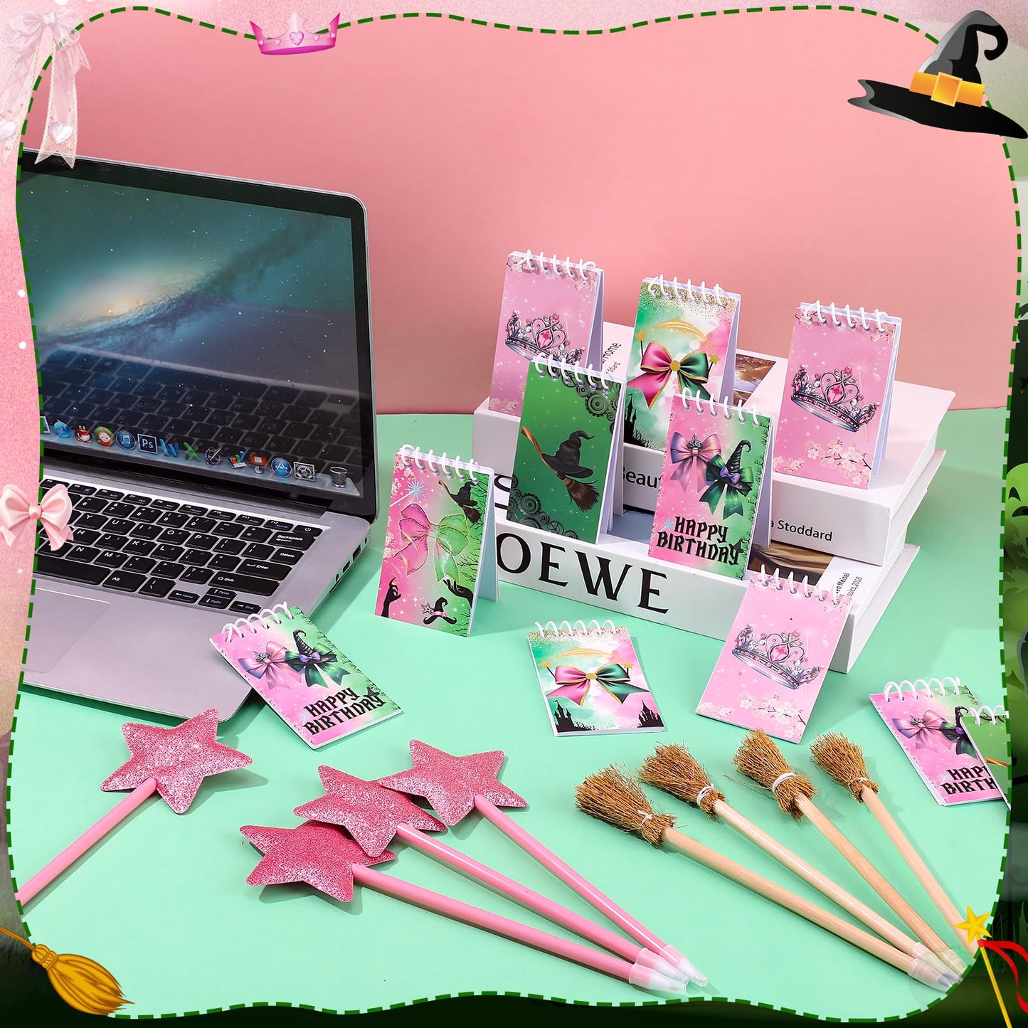 libfrnt 40 Pcs Princess and Witch Party Favors Include 10 Witch Broom Pencils 10 Pink Star Ballpoints 20 Mini Notebooks for Wizard Birthday Witch Halloween Party Supplies