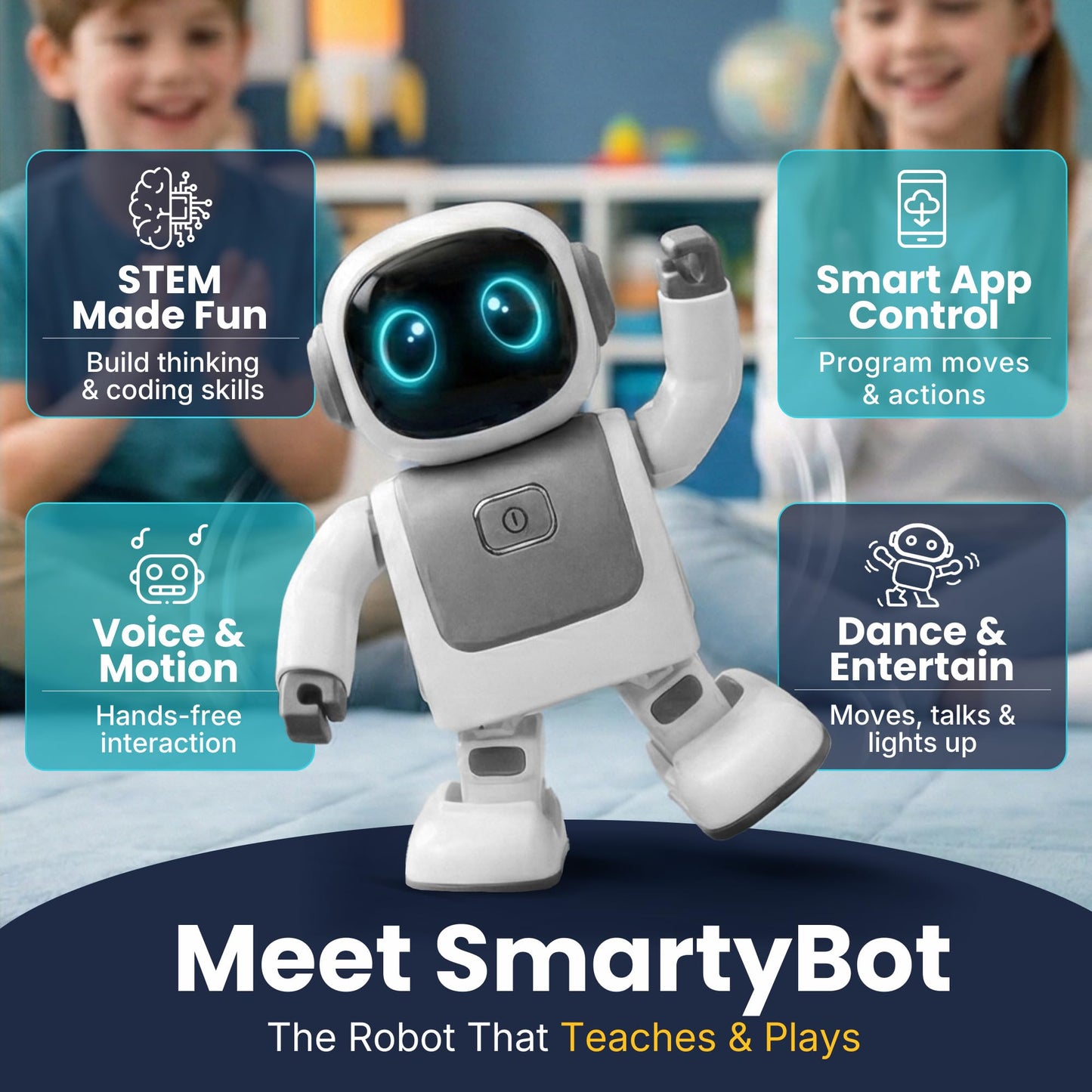 SmartyBot Smart Robot Toy for Kids - Interactive Remote Control Robot with App, Programmable Moves, 7 Customizable LED Eye Colors, Reacts to Music, STEM Learning Toy for Boys & Girls Ages 4 5 6 7 8 9