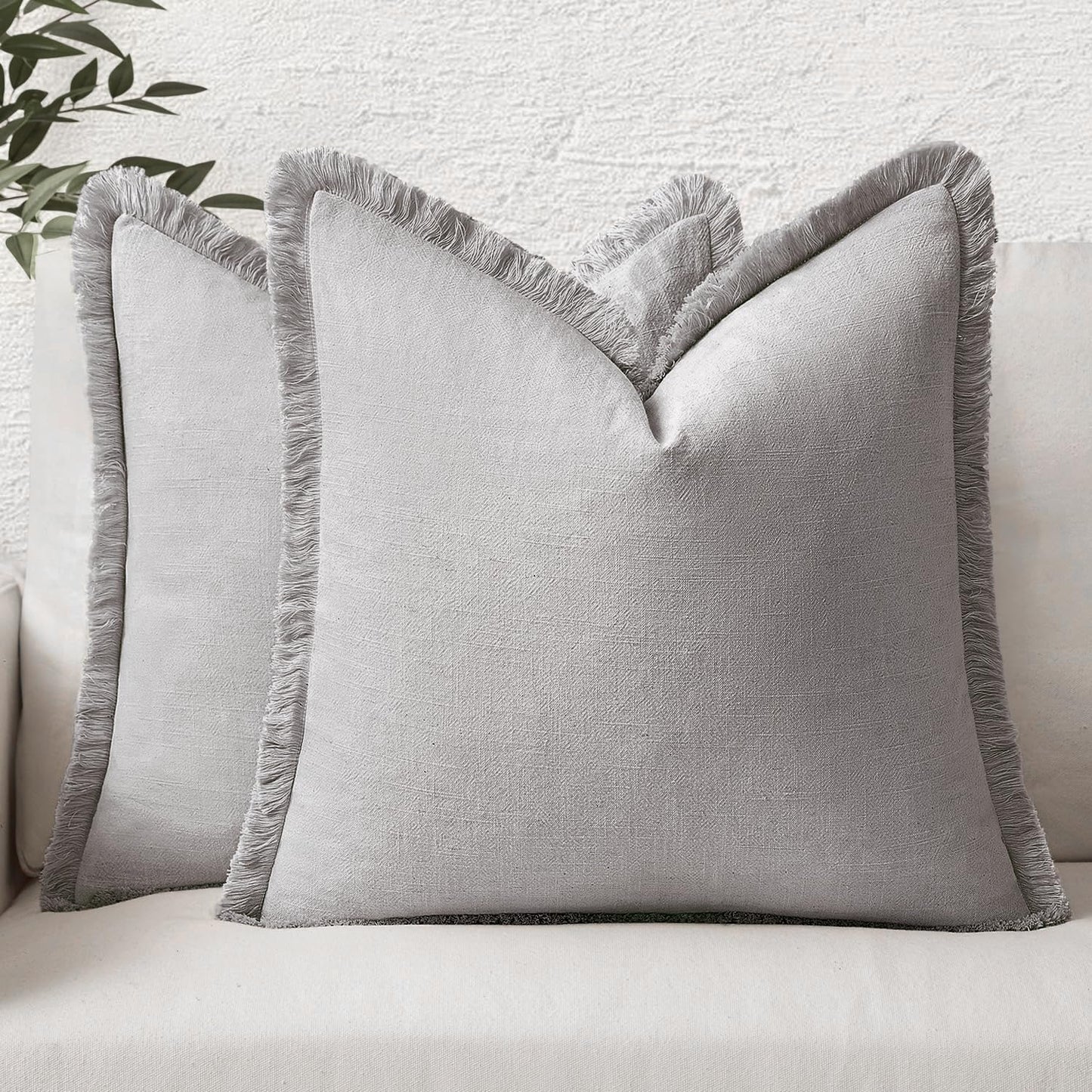 MIULEE Christmas Decorative Throw Pillow Covers Neutral Linen Fringe Fall Throw Pillows Set of 2 Natural Beige Boho Farmhouse Cushion Covers with Tassels for Couch Sofa Bed Home Decor 20x20 Inch