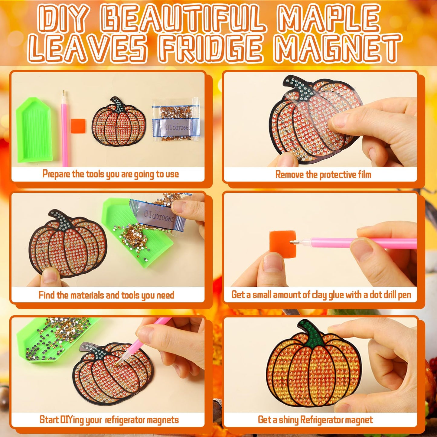 Motipuns 30 Pcs Halloween Pumpkin Diamond Painting Magnets Kits Fall Thanksgiving Diamond Art Fridge Magnet Refrigerator Sticker Painting for Beginners Adults DIY Art Craft Gifts Home Halloween Decors