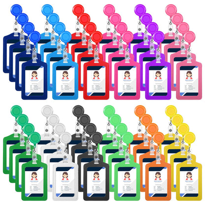 48 Sets Retractable Badge Reels with PU Leather ID Card Holders, Multicolor Vertical Badge Holder Reel Clip for Office, Nurse, Teacher, Doctor