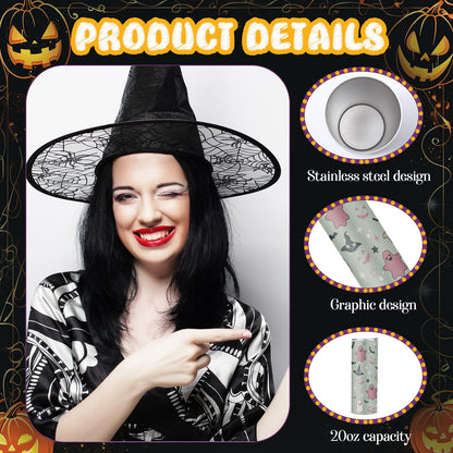 Abbylike 2 Pcs Halloween Gifts for Women Include 20 oz Stainless Steel Tumbler with Lid and Straw Boo Travel Mug Ghost Canvas Tote Reusable Bag for Birthday Gift Halloween Boo Party Favor
