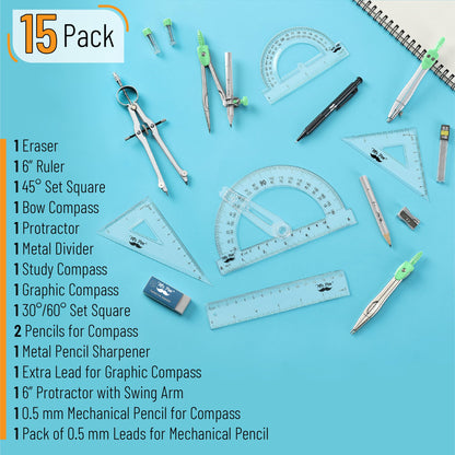 Mr. Pen- Geometry Set, 15 pcs, Green, 6 Inch Swing Arm Protractor, Divider, Set Squares, Ruler, Compasses and Protractor