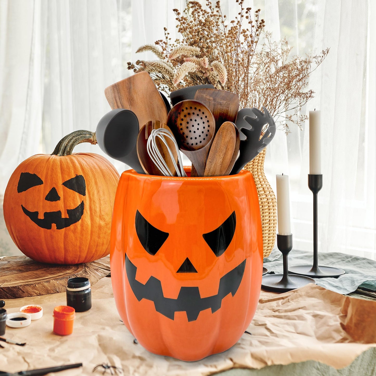 pinata Halloween Kitchen Decor Ceramic Pumpkin Utensil Holder, Cute Halloween Utensils Holder, Ceramic Utensils Crock for Rustic Farmhouse Indoor Kitchen Decorations(6.3 Inches)