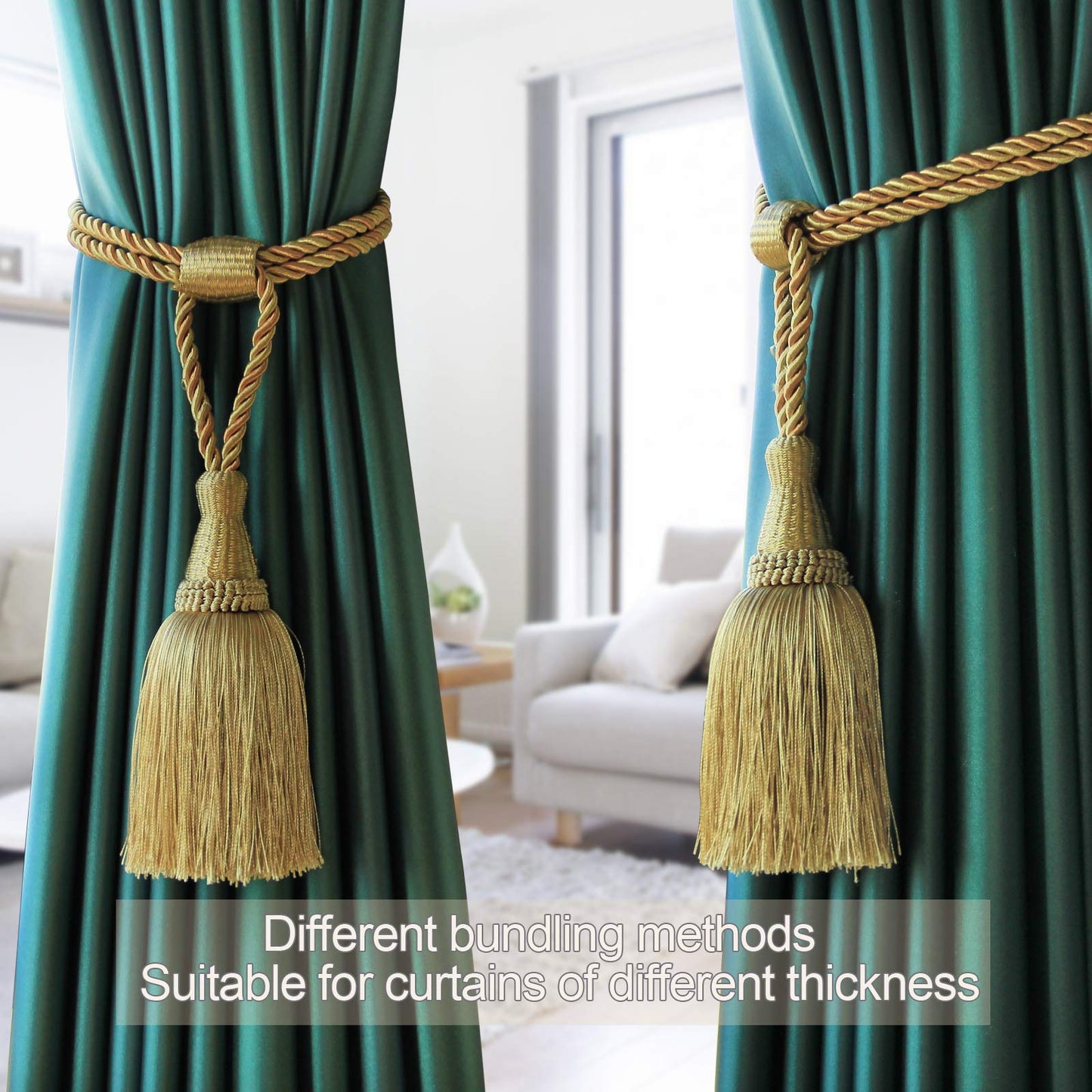 Fenghuangwu Curtain Tiebacks Handmade Elegant Curtain Tie Backs Holdbacks with Tassel for Home Office Decor 2 Pack - Gold