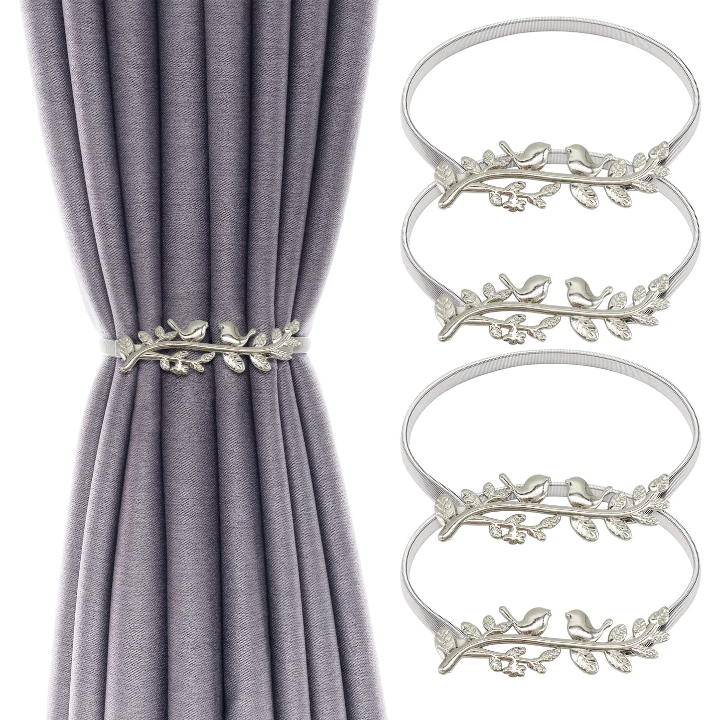 4Pack Curtain Tiebacks Aluminum Alloy Spring Design Curtain Holdback Leaf Carving Design Curtain Ties for Drapes Curtain Ties Backs Curtain Modern Style Curtain Holdback Decor (Silver Bird)