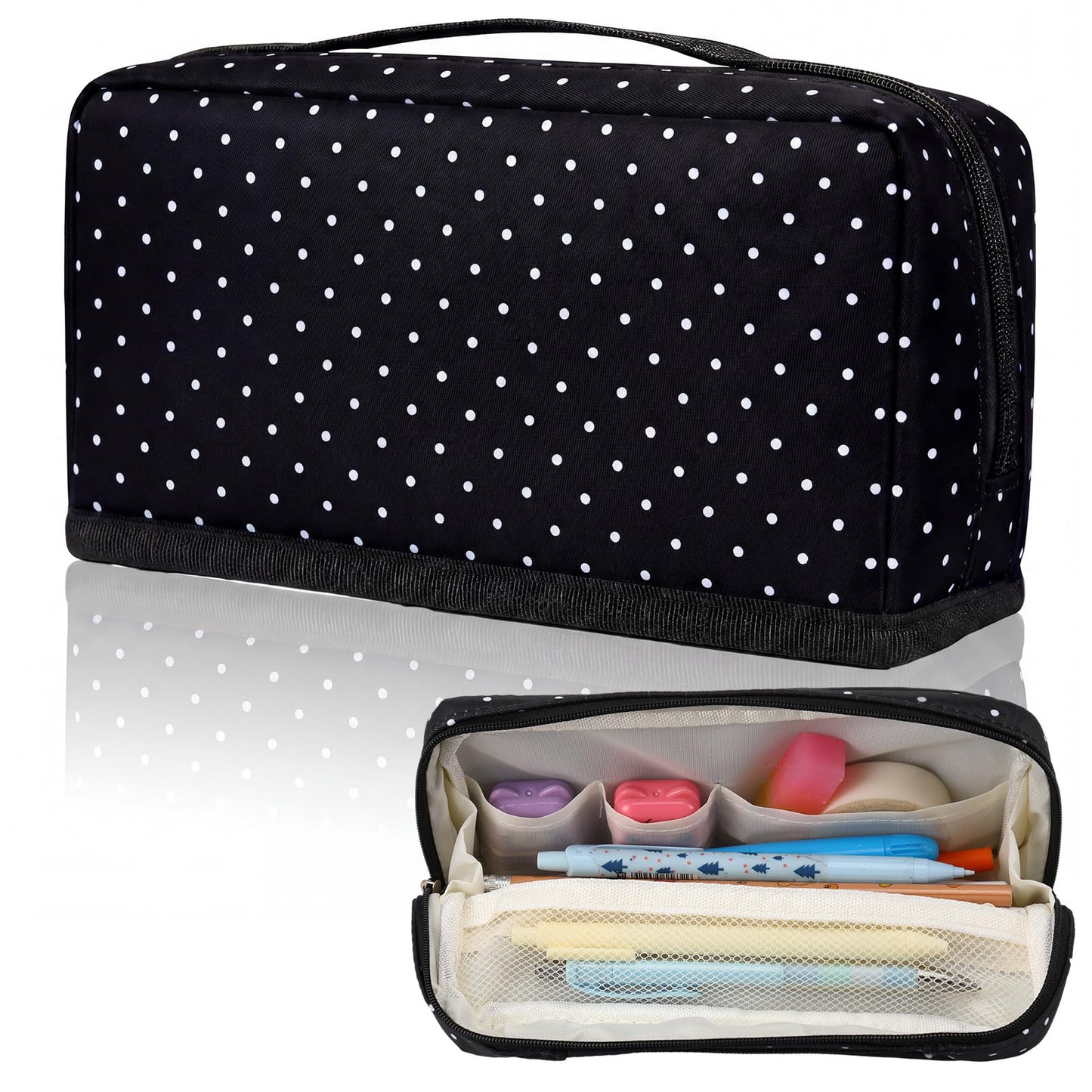 Gueevin Large Capacity Pencil Case Polka Dot Pen Pouch with Multiple Compartments Foldable Portable Pencil Case Black White Stationery Organizer Bag for Adults (Black)