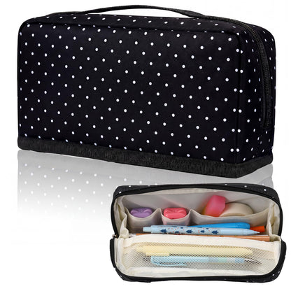 Gueevin Large Capacity Pencil Case Polka Dot Pen Pouch with Multiple Compartments Foldable Portable Pencil Case Black White Stationery Organizer Bag for Adults (Black)