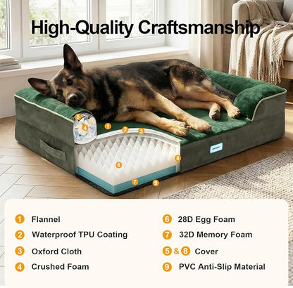 OhGeni Orthopedic Dog Bed Couch Big Cat Sofa for Extra Large Sized Pets with Memory Foam, Machine-Washable Waterproof Removable Cover, Soft Comfortable Fabric, 44-inch (Green)