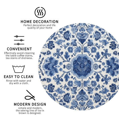 White Blue Pattern Coasters for Drinks Absorbent Leather Coasters Set of 6 for Coffee Table Cup Bar Desk Round Coaster Mats Holiday New Home Decors