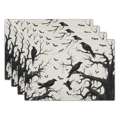 Crow Halloween Placemats Set of 4 18x12 Inch Ravens and Bats in Forest Linen Place Mats Heat-Resistant Washable Wipeable Holiday Table Mat for Party Kitchen Dining Room Dinner Table Decor