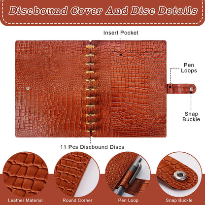 PU Leather 8.5*11in Discbound Cover And Disc Set with 11 Pcs Discbound Discs 1in Disc Bound Notebook Accessories Discbound Planner Cover Notebook Planner System For office(Not including book) (Brown)
